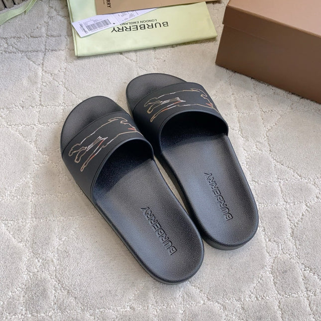 BURBERRY 26S EQUESTRIAN KNIGHT RUBBER SLIDES IN BLACK CALFSKIN