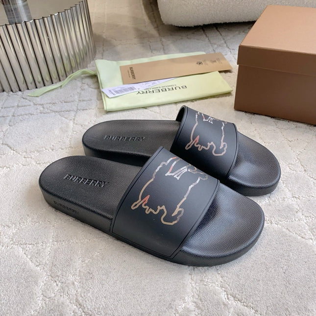 BURBERRY 26S EQUESTRIAN KNIGHT RUBBER SLIDES IN BLACK CALFSKIN