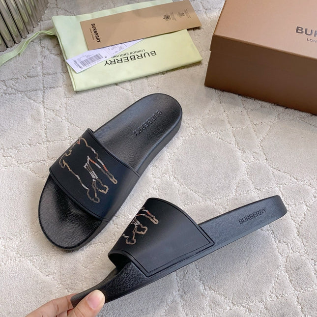 BURBERRY 26S EQUESTRIAN KNIGHT RUBBER SLIDES IN BLACK CALFSKIN