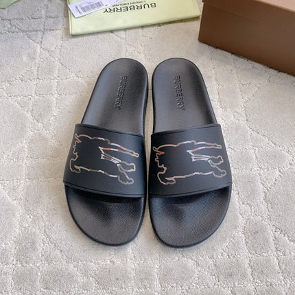 BURBERRY 26S EQUESTRIAN KNIGHT RUBBER SLIDES IN BLACK CALFSKIN