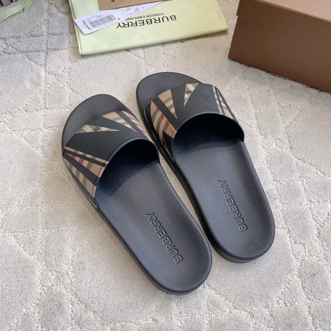 BURBERRY 26S CHECK PRINT RUBBER SLIDES IN BLACK BEIGE CALFSKIN