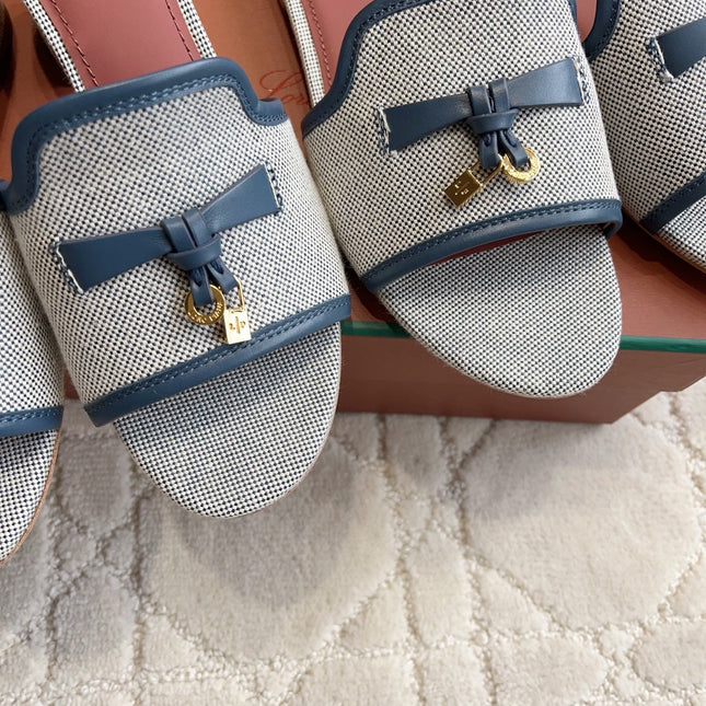 LP 26S HIGH HEEL SANDALS IN WHITE CANVAS AND NAVY CALFSKIN