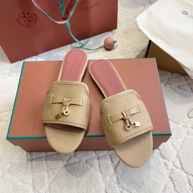 LP 26S SLIDES IN NUDE BEIGE CANVAS AND CALFSKIN