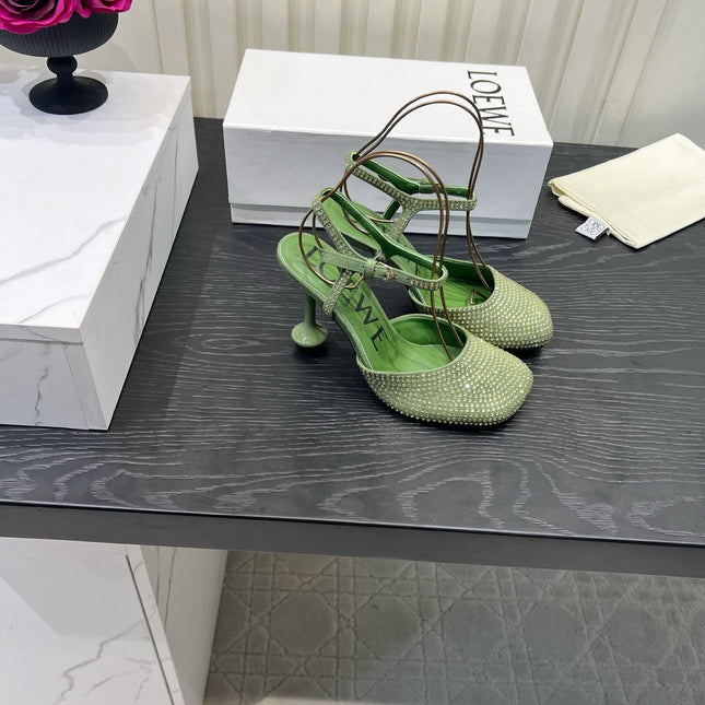 LOEWE 26S EMBELLISHED HIGH HEELS 60 MM IN GREEN CALFSKIN