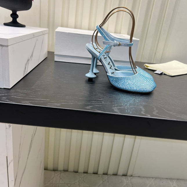 LOEWE 26S EMBELLISHED HIGH HEELS 60 MM IN LIGHT BLUE CALFSKIN
