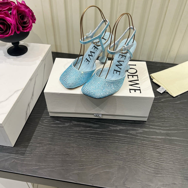 LOEWE 26S EMBELLISHED HIGH HEELS 60 MM IN LIGHT BLUE CALFSKIN