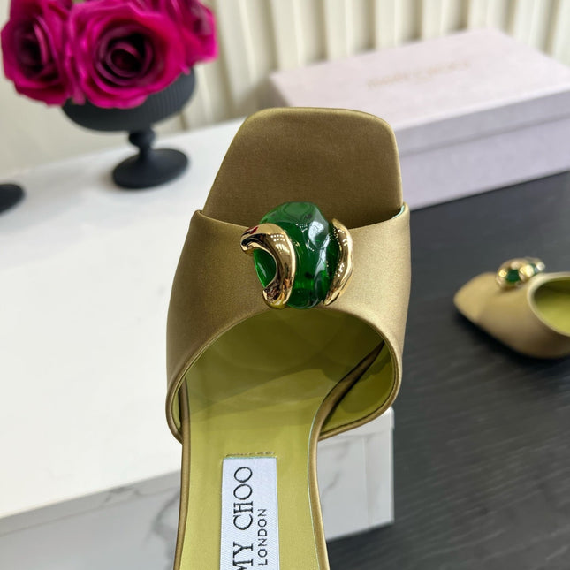 JIMMY CHOO 26S HIGH-HEEL SANDALS 100 MM IN OLIVE GREEN SATIN AND CALFSKIN
