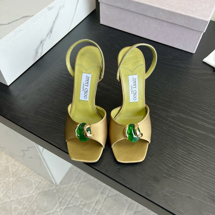JIMMY CHOO 26S HIGH-HEEL SANDALS 100 MM IN OLIVE GREEN SATIN AND CALFSKIN