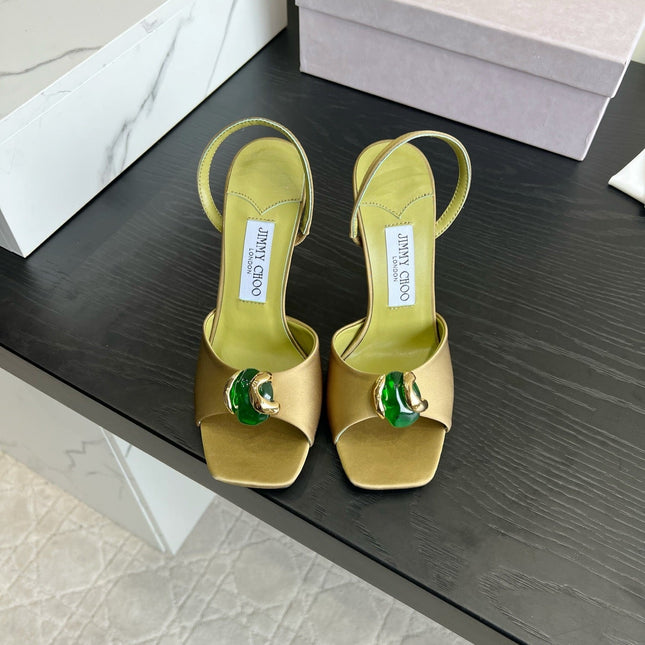 JIMMY CHOO 26S HIGH-HEEL SANDALS 100 MM IN OLIVE GREEN SATIN AND CALFSKIN