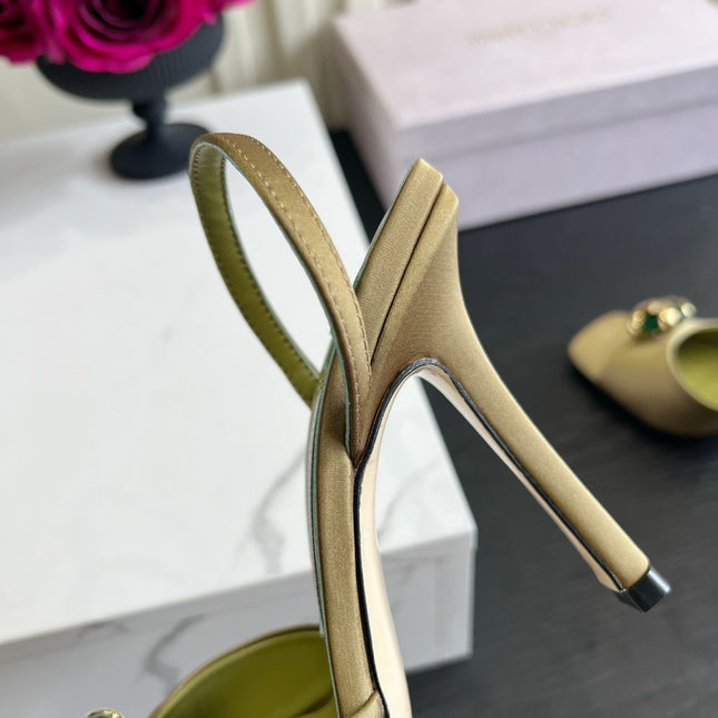 JIMMY CHOO 26S HIGH-HEEL SANDALS 100 MM IN OLIVE GREEN SATIN AND CALFSKIN
