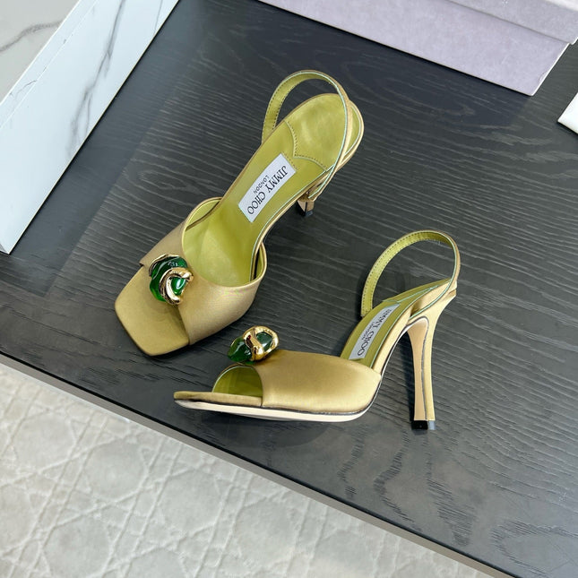 JIMMY CHOO 26S HIGH-HEEL SANDALS 100 MM IN OLIVE GREEN SATIN AND CALFSKIN