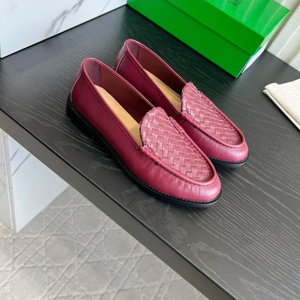 BOTTEGA VENETA 26S WOVEN LOAFERS IN DARK RED LAMBSKIN