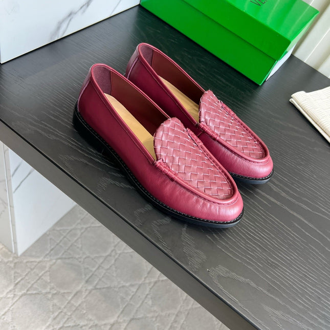 BOTTEGA VENETA 26S WOVEN LOAFERS IN DARK RED LAMBSKIN