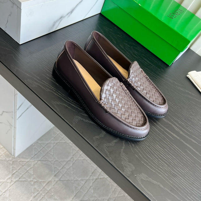 BOTTEGA VENETA 26S WOVEN LOAFERS IN DARK BROWN LAMBSKIN