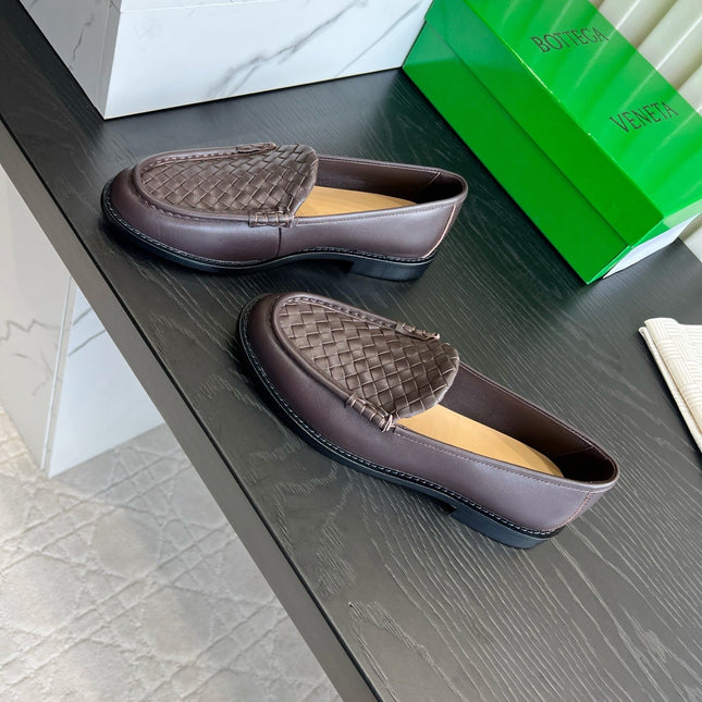 BOTTEGA VENETA 26S WOVEN LOAFERS IN DARK BROWN LAMBSKIN