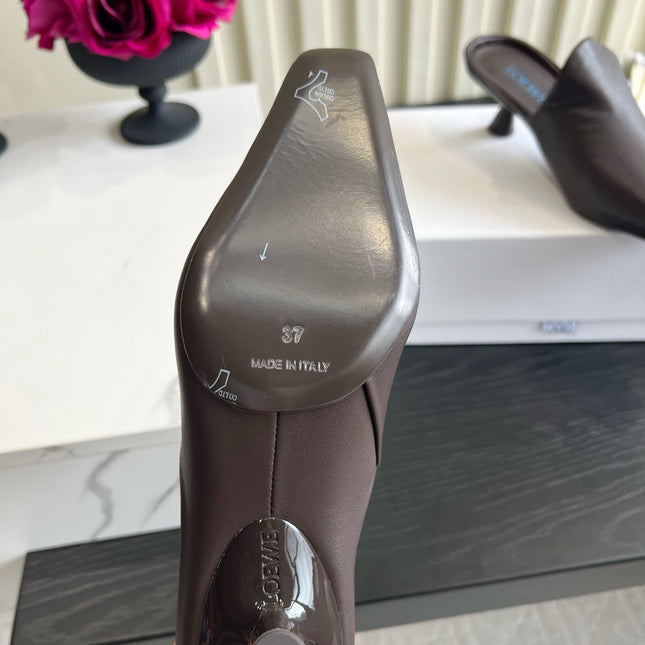 LOEWE 26S HEELED MULES IN DARK BLOWN CALFSKIN