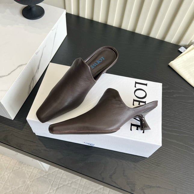 LOEWE 26S HEELED MULES IN DARK BLOWN CALFSKIN