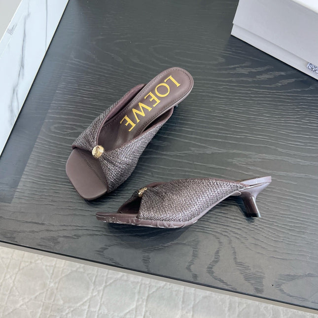 LOEWE 26S HIGH-HEEL SANDALS 45 MM IN DARK BROWN RAFFIA AND LAMBSKIN