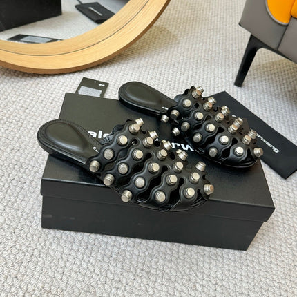RHODES STUDDED REXA CAGE SLIDE IN BLACK LAMBSKIN