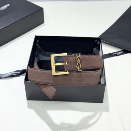 YSL 25S BELT 30 MM IN ASH BROWN SUEDE WITH GOLD HARDWARE 586765