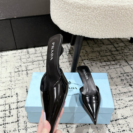 PRADA 25S POINTED-TOE MULES IN BLACK CALFSKIN