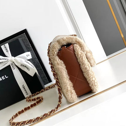 MEDIUM FLAP BAG 23 IN BEIGE WOOL AND GINGER ORANGE CALFSKIN GOLD HARDWARE