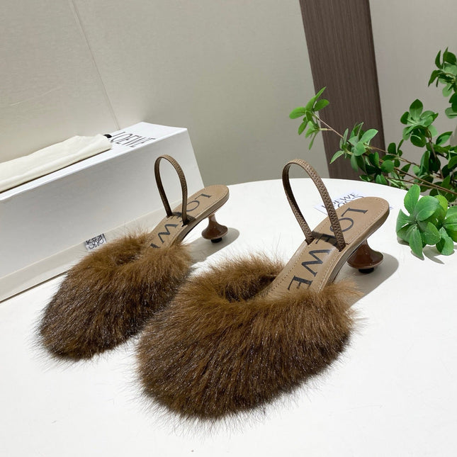 LOEWE 26S OPEN-BACK HIGH HEELS 60MM IN DARK BROWN CALFSKIN WITH FUR