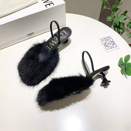 LOEWE 26S OPEN-BACK HIGH HEELS 60MM IN BLACK CALFSKIN WITH FUR