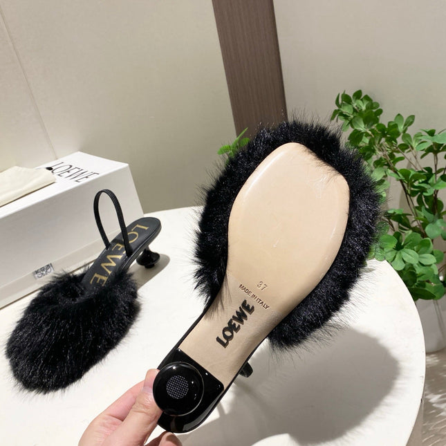 LOEWE 26S OPEN-BACK HIGH HEELS 60MM IN BLACK CALFSKIN WITH FUR