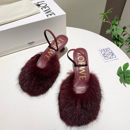 LOEWE 26S OPEN-BACK HIGH HEELS 60MM IN WINE RED CALFSKIN WITH FUR