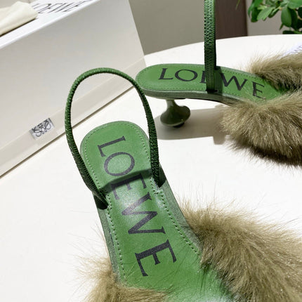 LOEWE 26S OPEN-BACK HIGH HEELS 60MM IN GREEN CALFSKIN WITH FUR