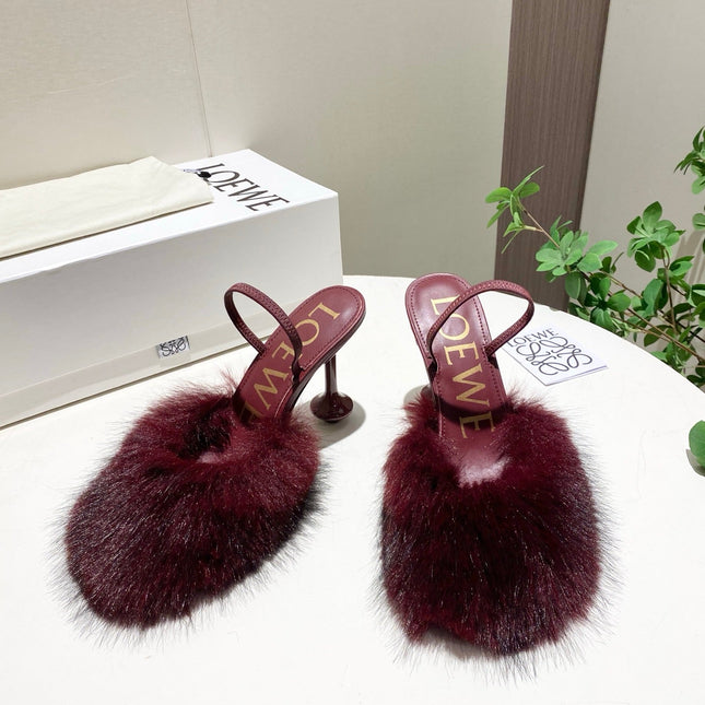 LOEWE 26S OPEN-BACK HIGH HEELS 100MM IN WINE RED CALFSKIN WITH FUR