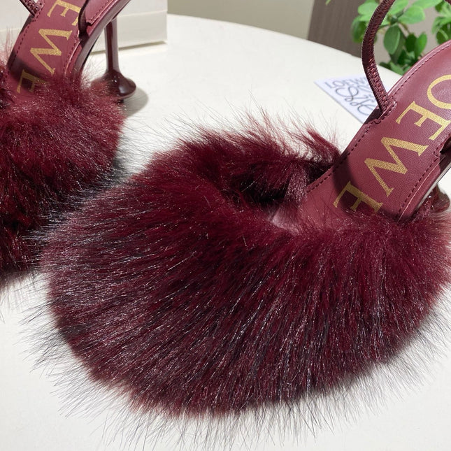 LOEWE 26S OPEN-BACK HIGH HEELS 100MM IN WINE RED CALFSKIN WITH FUR
