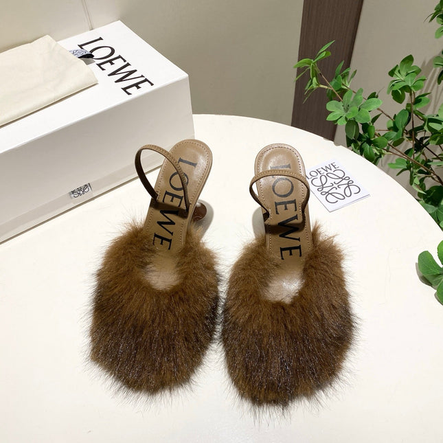 LOEWE 26S OPEN-BACK HIGH HEELS 100MM IN DARK BROWN CALFSKIN WITH FUR