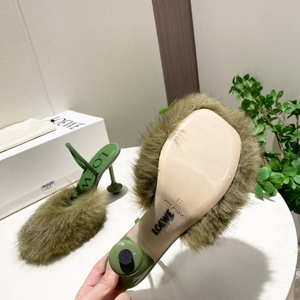 LOEWE 26S OPEN-BACK HIGH HEELS 100MM IN GREEN CALFSKIN WITH FUR