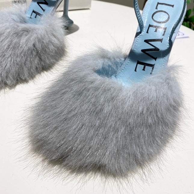 LOEWE 26S OPEN-BACK HIGH HEELS 100MM IN LIGHT BLUE CALFSKIN WITH FUR