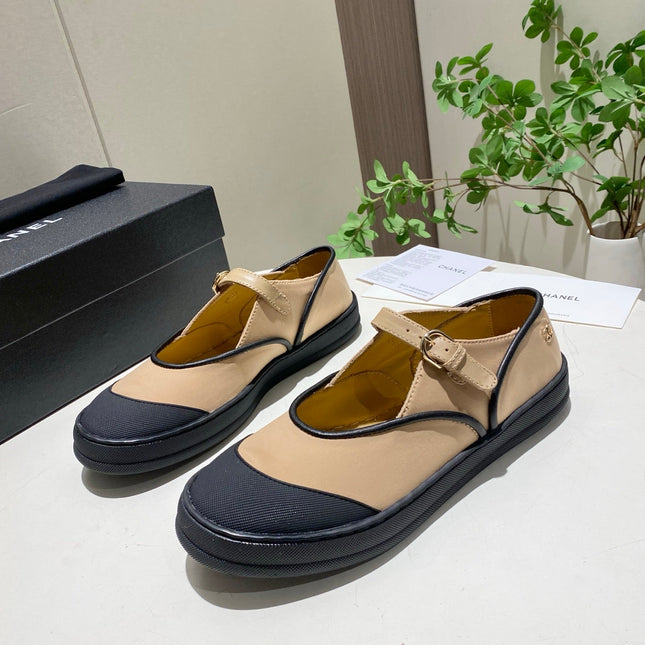 CHANEL 26S MARY JANE FLAT IN BLACK MIX BEIGE FABRIC AND LAMBSKIN