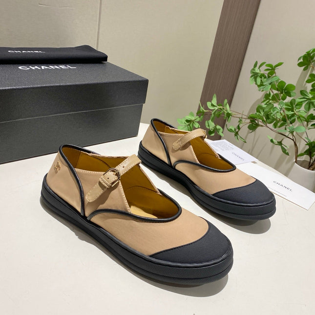 CHANEL 26S MARY JANE FLAT IN BLACK MIX BEIGE FABRIC AND LAMBSKIN
