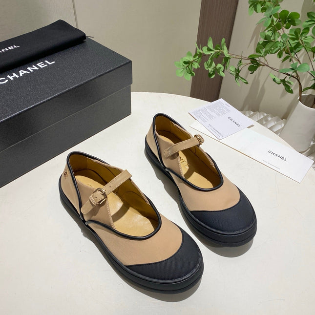 CHANEL 26S MARY JANE FLAT IN BLACK MIX BEIGE FABRIC AND LAMBSKIN