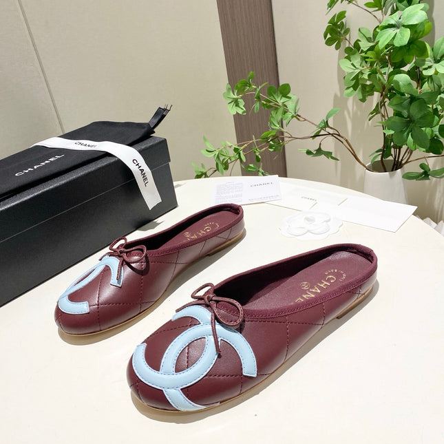 CHANEL 26S FLAT MULES IN DARK RED LAMBSKIN