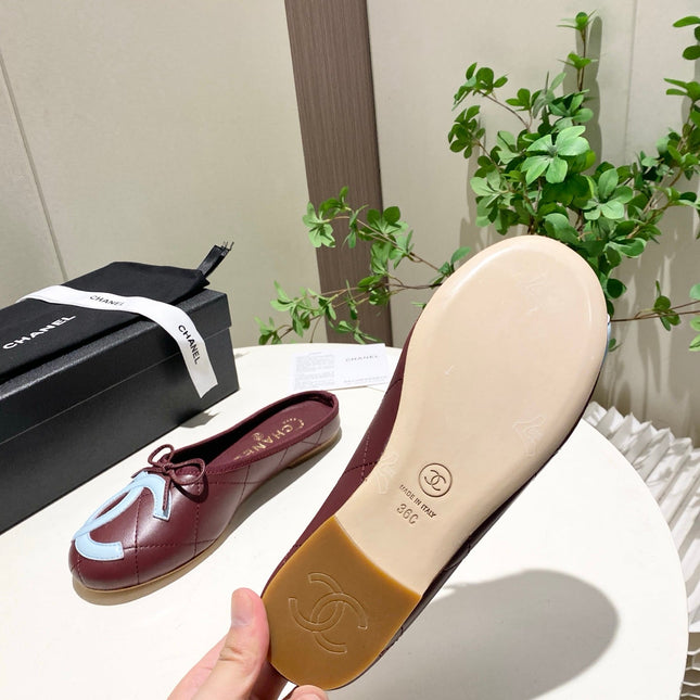 CHANEL 26S FLAT MULES IN DARK RED LAMBSKIN