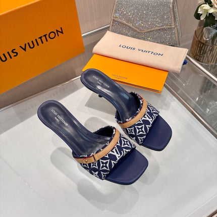 LV 26S HIGH-HEELED MULES 55 MM IN DARK BLUE AND WHITE EMBROIDERED MONOGRAM CANVAS