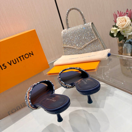 LV 26S HIGH-HEELED MULES 55 MM IN DARK BLUE AND WHITE EMBROIDERED MONOGRAM CANVAS