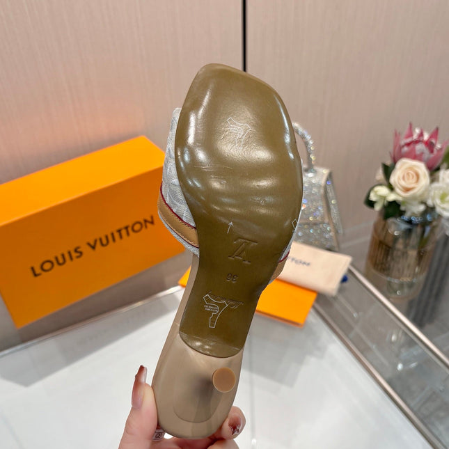 LV 26S HIGH-HEELED MULES 55 MM IN BEIGE CALFSKIN AND WHITE EMBROIDERED MONOGRAM CANVAS