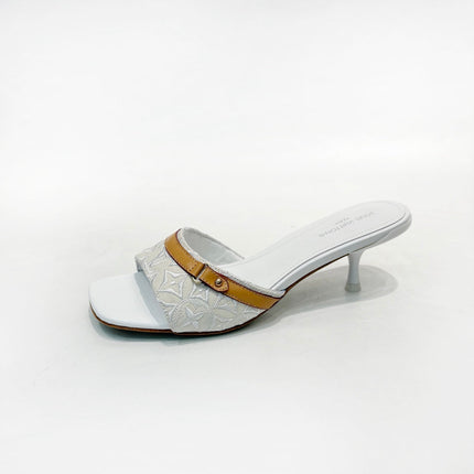 LV 26S HIGH-HEELED MULES 55 MM IN PALE BLUE GRAY EMBROIDERED MONOGRAM CANVAS