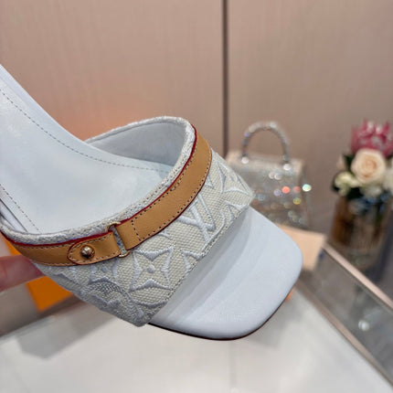 LV 26S HIGH-HEELED MULES 55 MM IN PALE BLUE GRAY EMBROIDERED MONOGRAM CANVAS
