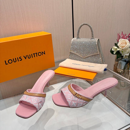 LV 26S HIGH-HEELED MULES 55 MM IN PINK EMBROIDERED MONOGRAM CANVAS