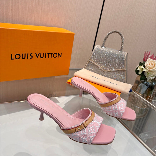 LV 26S HIGH-HEELED MULES 55 MM IN PINK EMBROIDERED MONOGRAM CANVAS