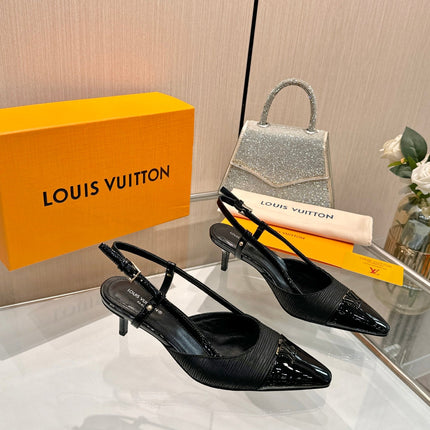 LV 26S SLINGBACK PUMPS 55 MM IN BLACK FABRIC AND CALFSKIN
