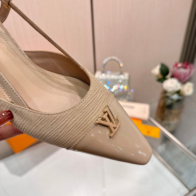 LV 26S SLINGBACK PUMPS 55 MM IN BEIGE BROWN FABRIC AND CALFSKIN